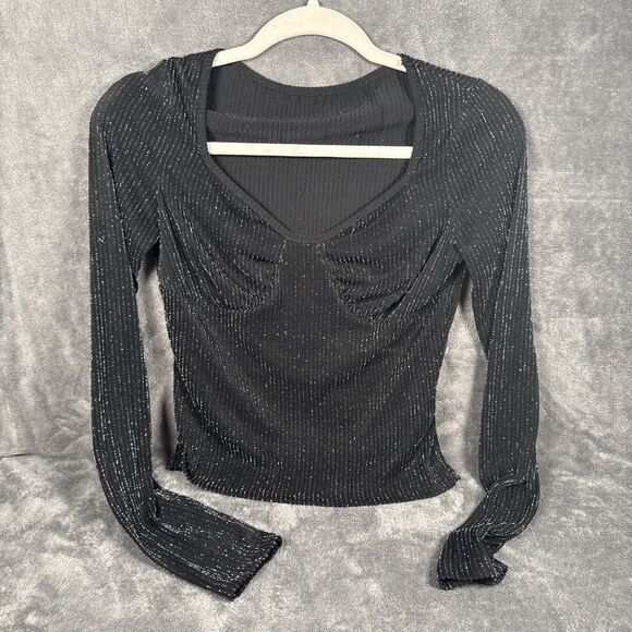 SHEIN Tops - Shein Long Sleeve Crop Top Women's M Ribbed V Neck Sweetheart Black Shimmer